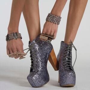 Jeffrey Campbell The Lita Silver Pewter Glitter Lace Up Heel Platform Boots 6M